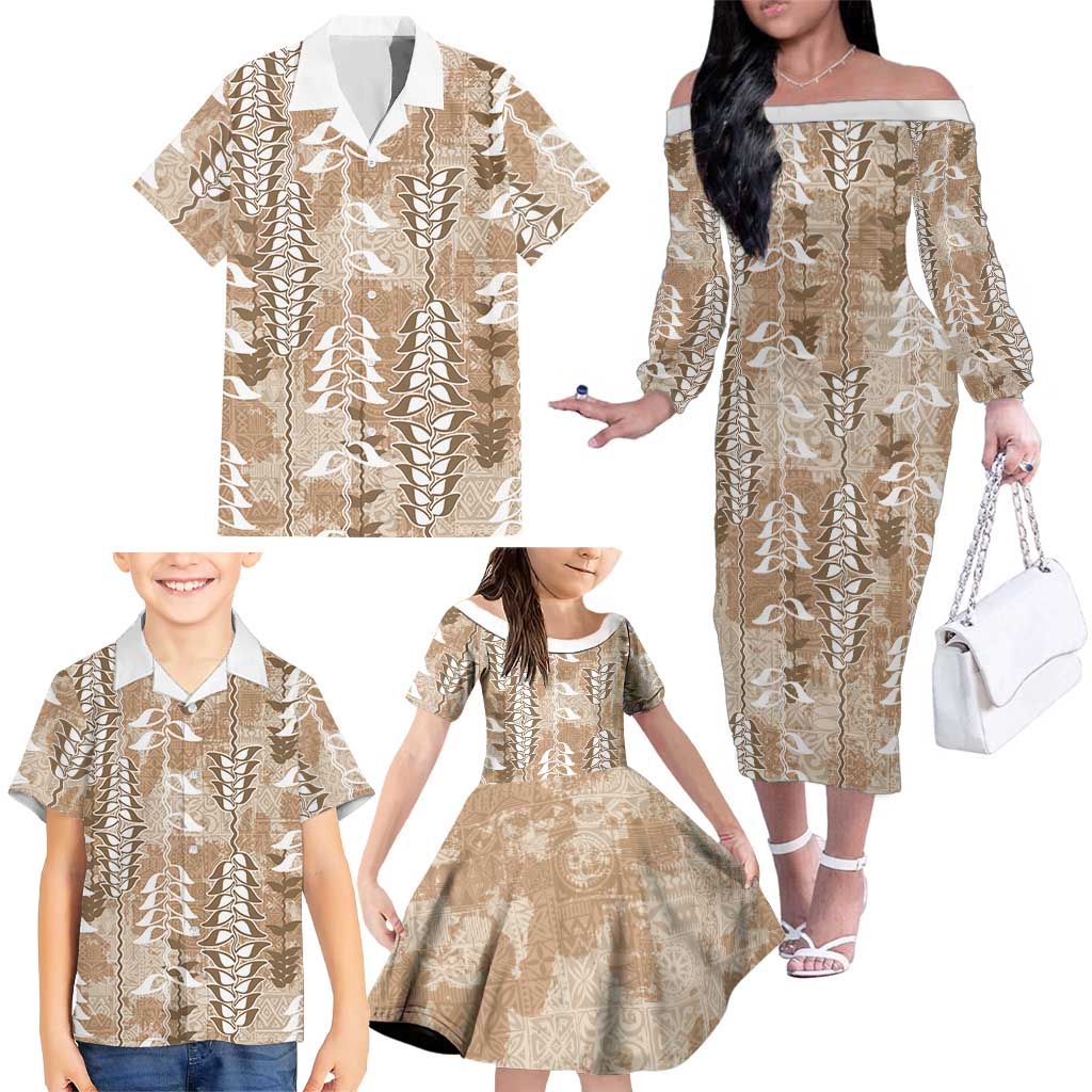 Beige Hawaii Tapa Pattern Family Matching Off The Shoulder Long Sleeve Dress and Hawaiian Shirt With Heliconia Vintage Style