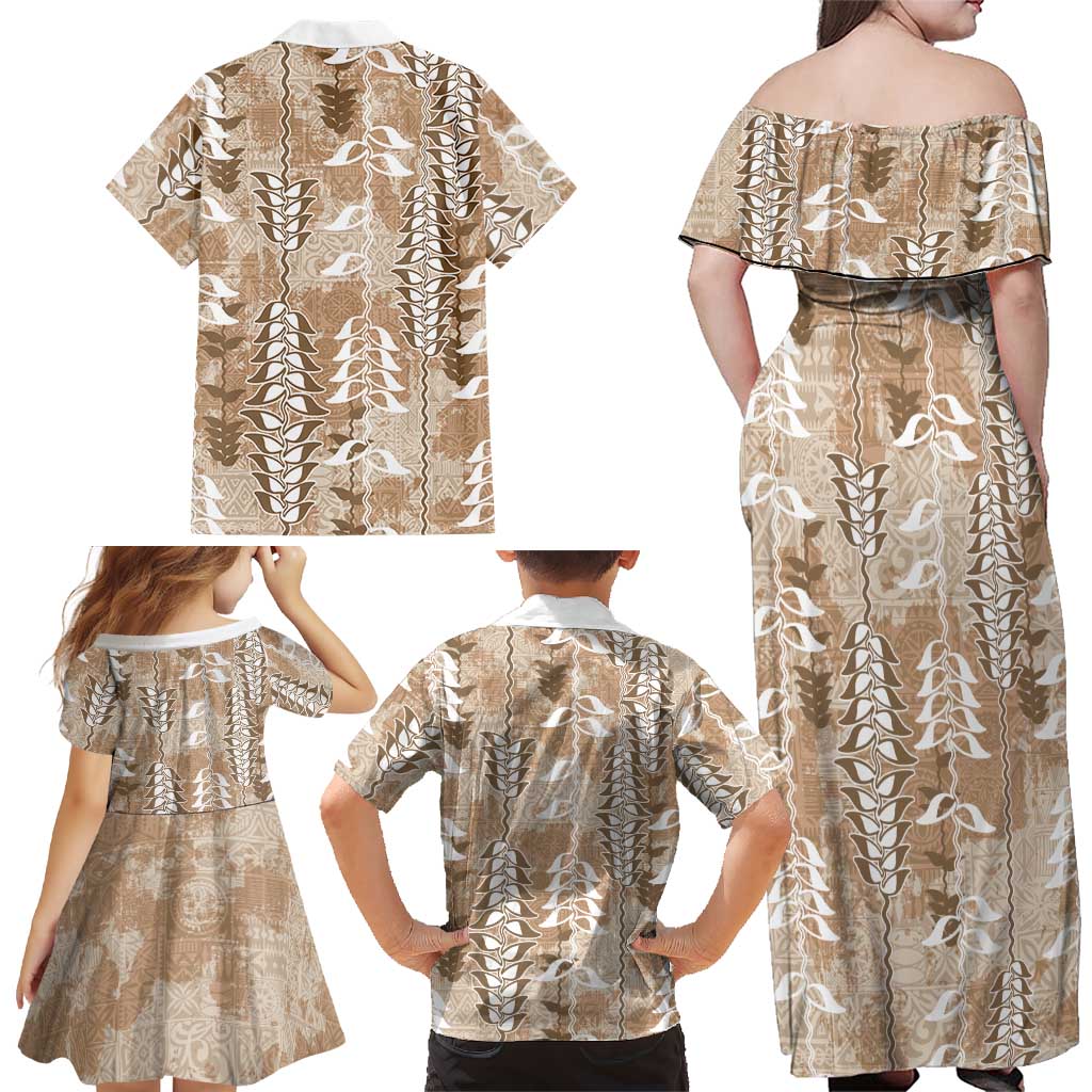 Beige Hawaii Tapa Pattern Family Matching Off Shoulder Maxi Dress and Hawaiian Shirt With Heliconia Vintage Style