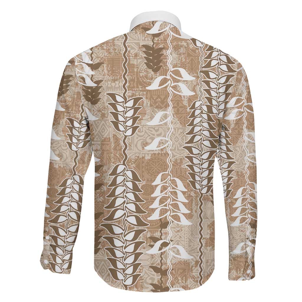 Beige Hawaii Tapa Pattern Family Matching Off Shoulder Maxi Dress and Hawaiian Shirt With Heliconia Vintage Style