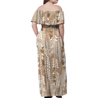 Beige Hawaii Tapa Pattern Family Matching Off Shoulder Maxi Dress and Hawaiian Shirt With Heliconia Vintage Style