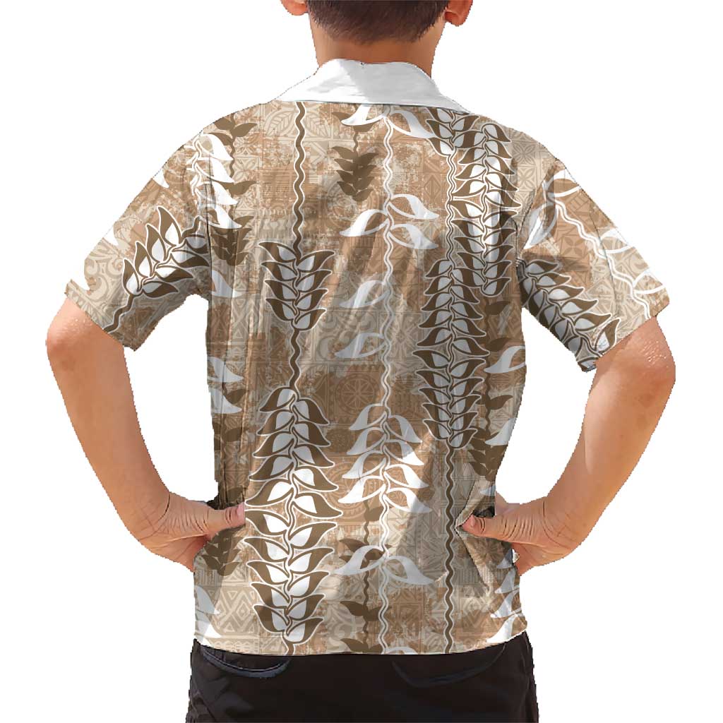 Beige Hawaii Tapa Pattern Family Matching Off Shoulder Short Dress and Hawaiian Shirt With Heliconia Vintage Style