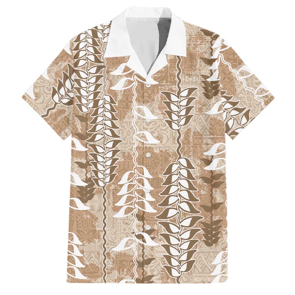 Beige Hawaii Tapa Pattern Family Matching Short Sleeve Bodycon Dress and Hawaiian Shirt With Heliconia Vintage Style LT05 Dad's Shirt - Short Sleeve Beige - Polynesian Pride