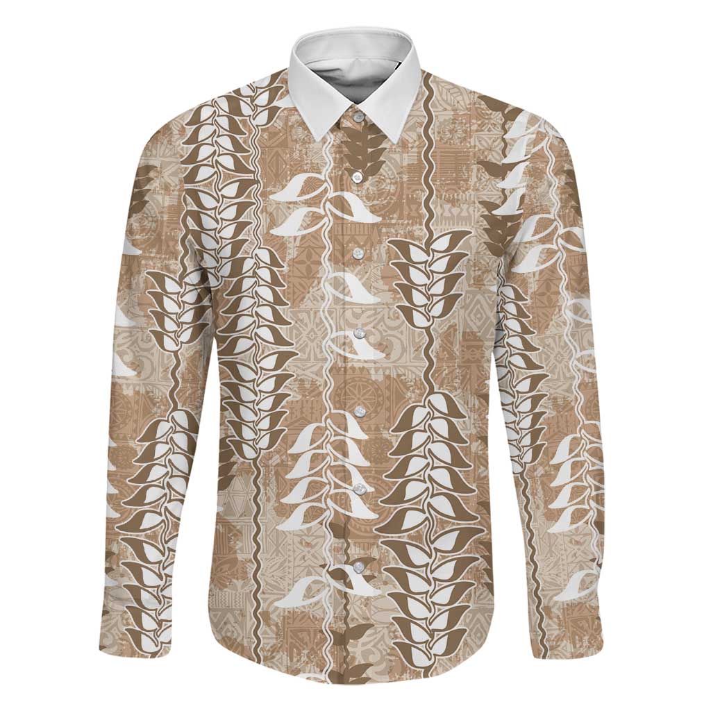 Beige Hawaii Tapa Pattern Family Matching Short Sleeve Bodycon Dress and Hawaiian Shirt With Heliconia Vintage Style LT05 Dad's Shirt - Long Sleeve Beige - Polynesian Pride