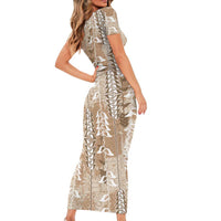 Beige Hawaii Tapa Pattern Family Matching Short Sleeve Bodycon Dress and Hawaiian Shirt With Heliconia Vintage Style LT05 - Polynesian Pride