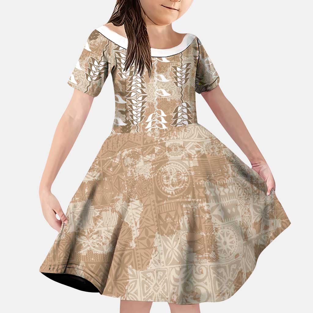 Beige Hawaii Tapa Pattern Family Matching Summer Maxi Dress and Hawaiian Shirt With Heliconia Vintage Style