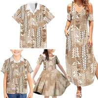 Beige Hawaii Tapa Pattern Family Matching Summer Maxi Dress and Hawaiian Shirt With Heliconia Vintage Style