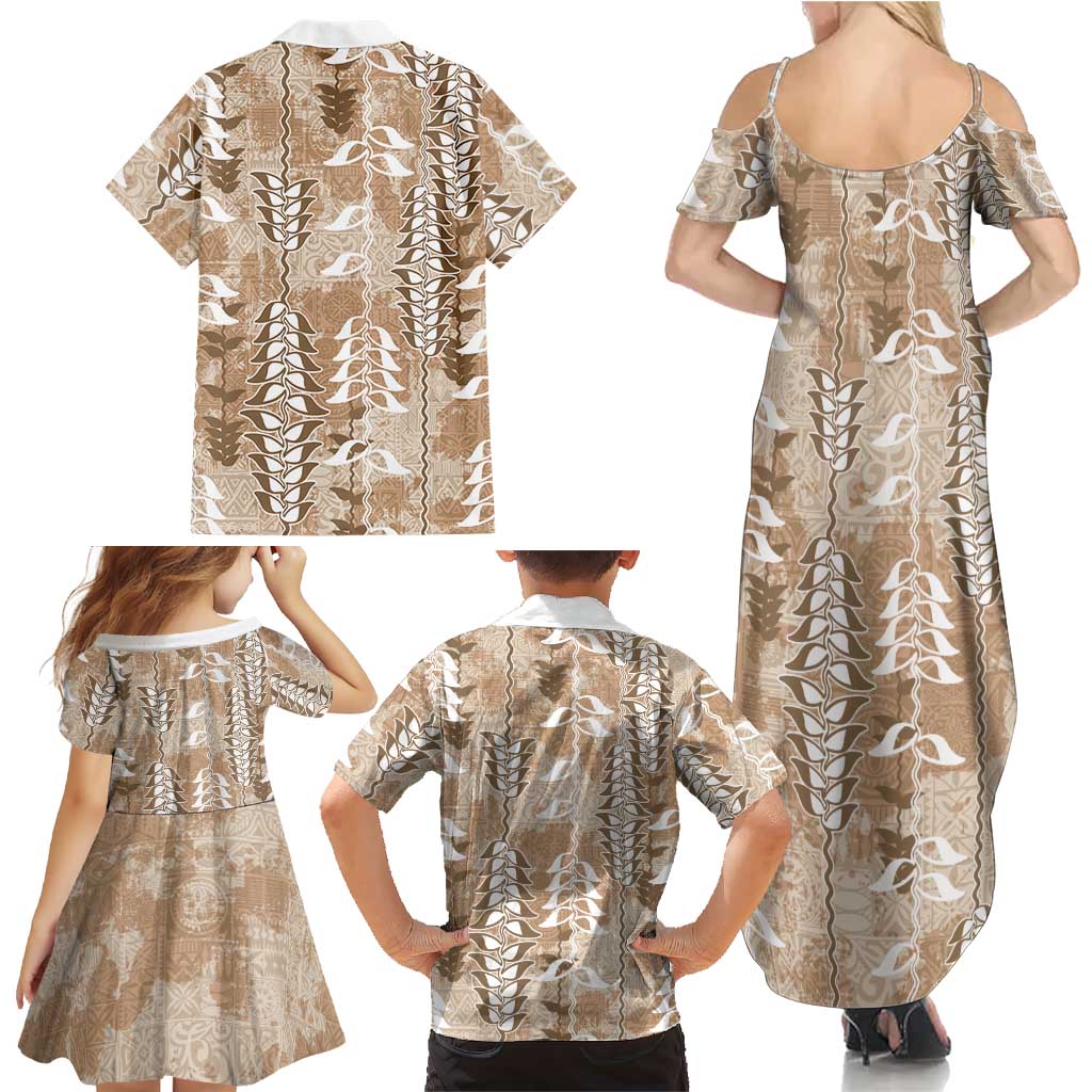 Beige Hawaii Tapa Pattern Family Matching Summer Maxi Dress and Hawaiian Shirt With Heliconia Vintage Style