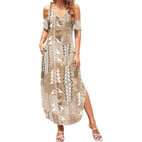 Beige Hawaii Tapa Pattern Family Matching Summer Maxi Dress and Hawaiian Shirt With Heliconia Vintage Style