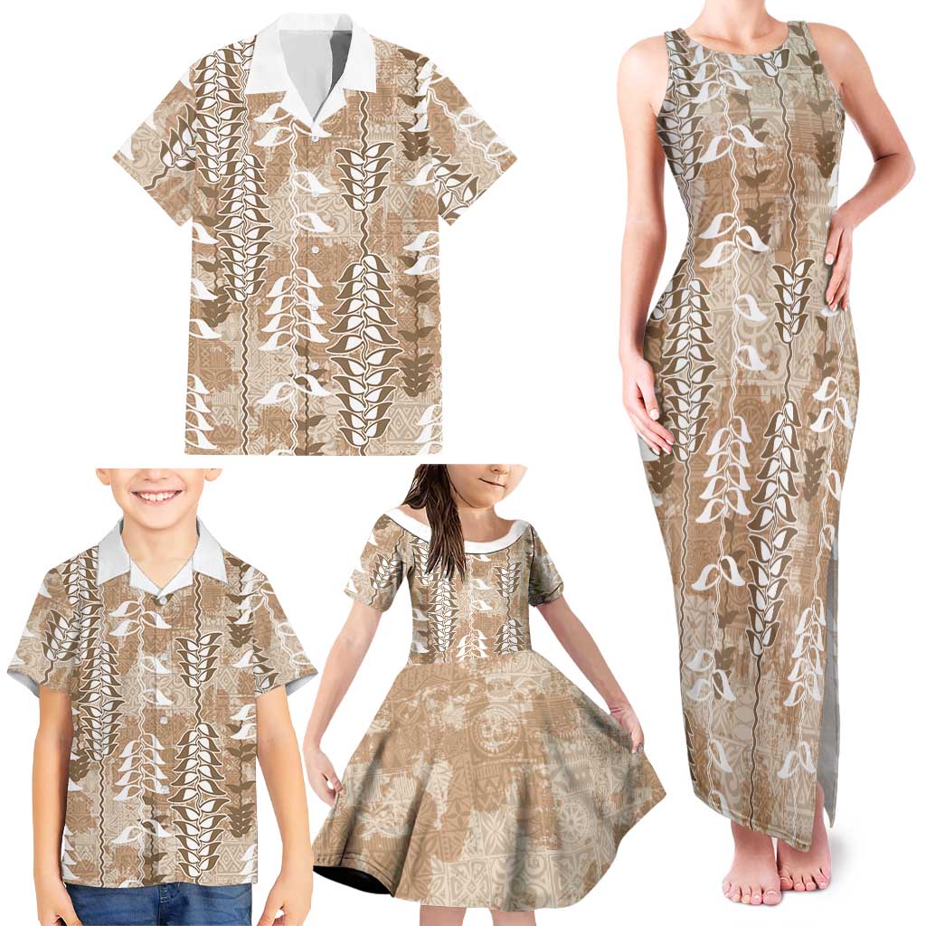 Beige Hawaii Tapa Pattern Family Matching Tank Maxi Dress and Hawaiian Shirt With Heliconia Vintage Style LT05 - Polynesian Pride