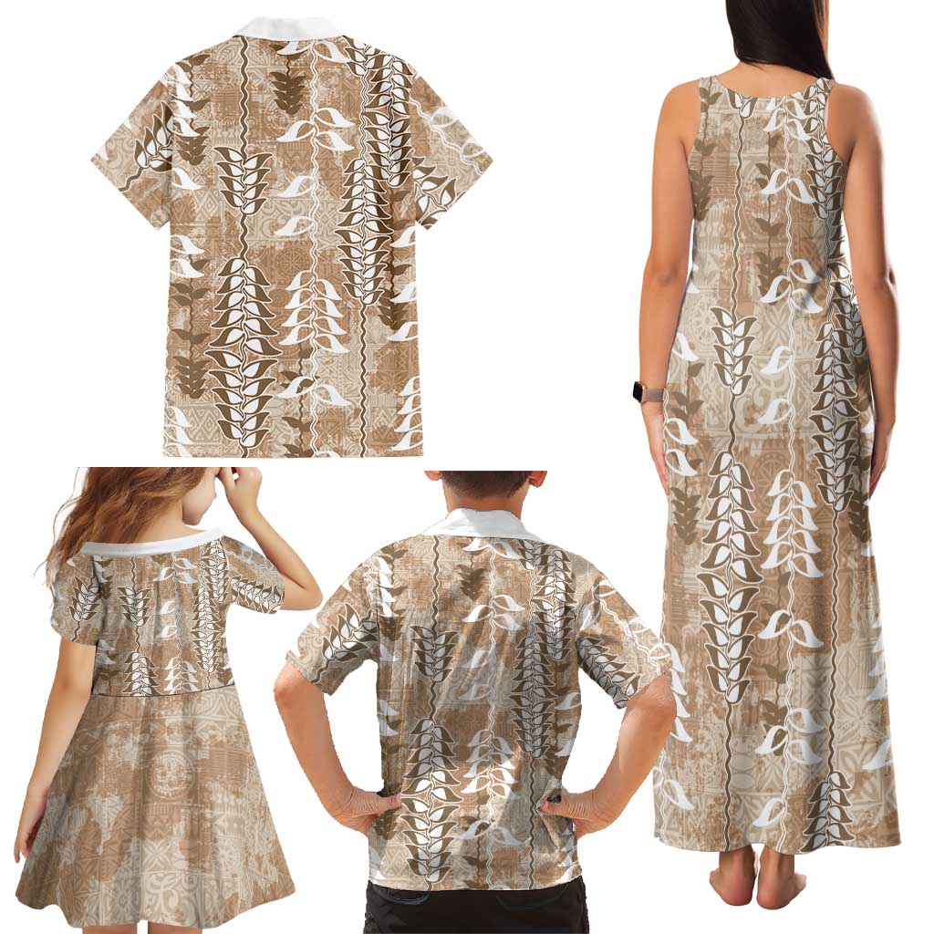 Beige Hawaii Tapa Pattern Family Matching Tank Maxi Dress and Hawaiian Shirt With Heliconia Vintage Style LT05 - Polynesian Pride