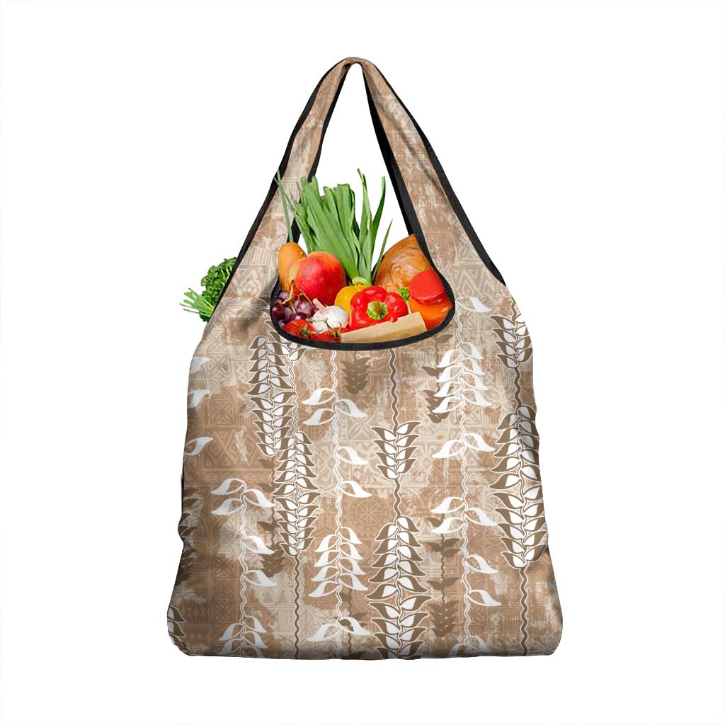 Beige Hawaii Tapa Pattern Grocery Bag With Heliconia Vintage Style