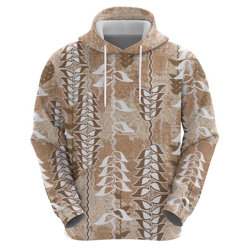 Beige Hawaii Tapa Pattern Hoodie With Heliconia Vintage Style