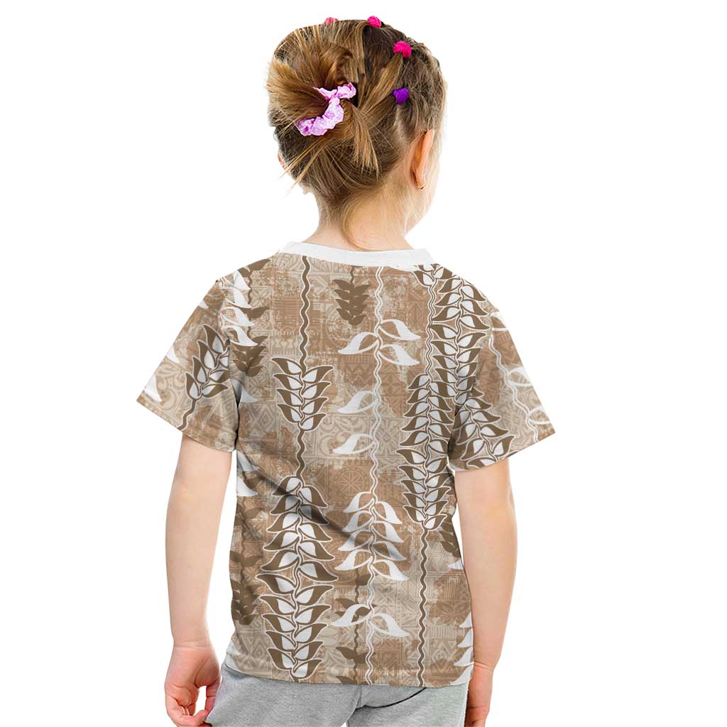 Beige Hawaii Tapa Pattern Kid T Shirt With Heliconia Vintage Style