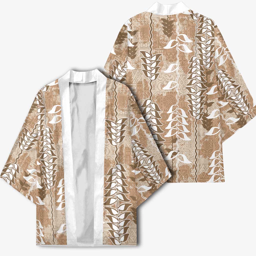Beige Hawaii Tapa Pattern Kimono With Heliconia Vintage Style