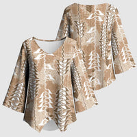 Beige Hawaii Tapa Pattern Kimono Sleeve Blouse With Heliconia Vintage Style