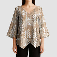 Beige Hawaii Tapa Pattern Kimono Sleeve Blouse With Heliconia Vintage Style