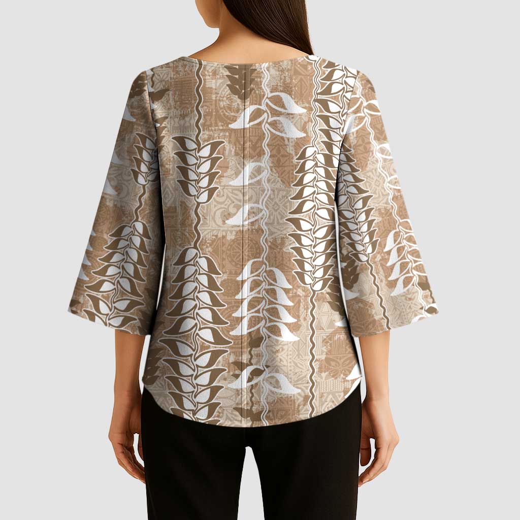 Beige Hawaii Tapa Pattern Kimono Sleeve Blouse With Heliconia Vintage Style