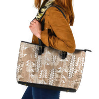 Beige Hawaii Tapa Pattern Leather Tote Bag With Heliconia Vintage Style