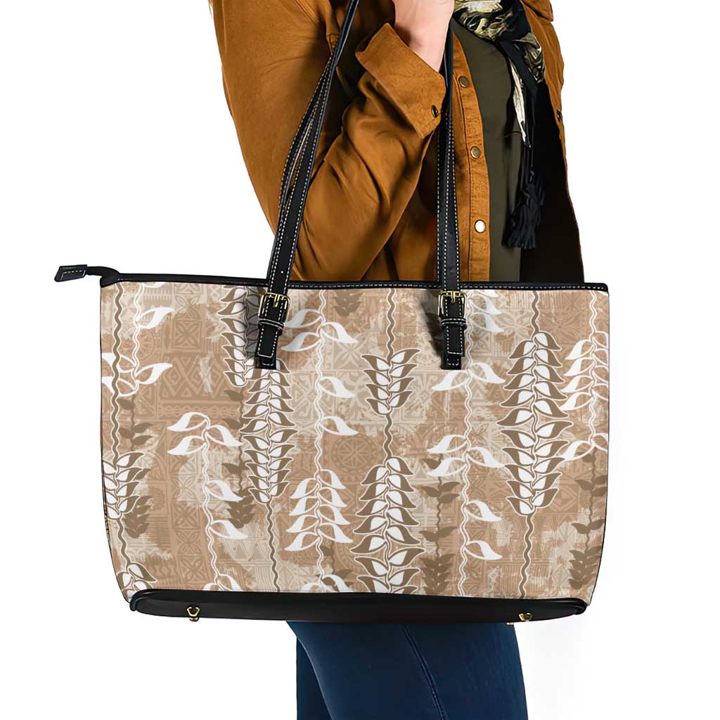 Beige Hawaii Tapa Pattern Leather Tote Bag With Heliconia Vintage Style