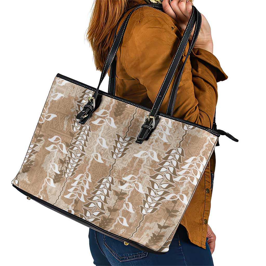 Beige Hawaii Tapa Pattern Leather Tote Bag With Heliconia Vintage Style