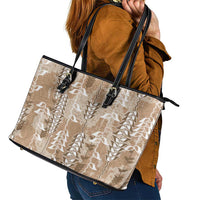 Beige Hawaii Tapa Pattern Leather Tote Bag With Heliconia Vintage Style