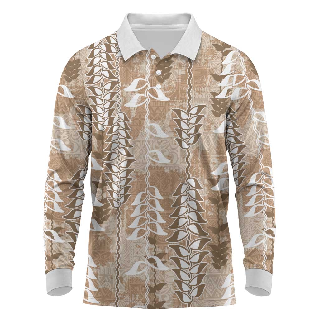 Beige Hawaii Tapa Pattern Long Sleeve Polo Shirt With Heliconia Vintage Style