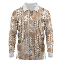 Beige Hawaii Tapa Pattern Long Sleeve Polo Shirt With Heliconia Vintage Style