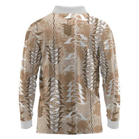 Beige Hawaii Tapa Pattern Long Sleeve Polo Shirt With Heliconia Vintage Style