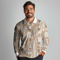 Beige Hawaii Tapa Pattern Long Sleeve Polo Shirt With Heliconia Vintage Style