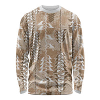 Beige Hawaii Tapa Pattern Long Sleeve Shirt With Heliconia Vintage Style
