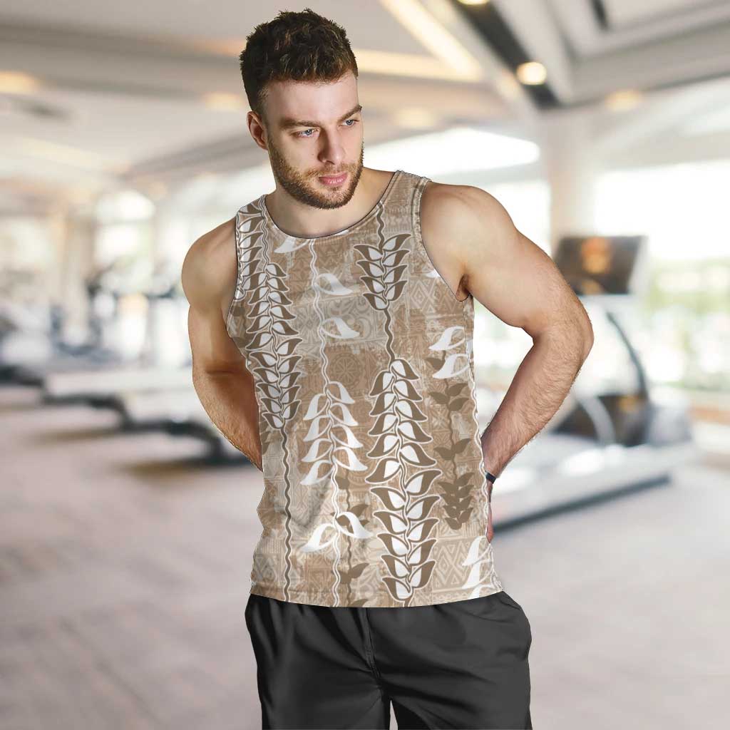Beige Hawaii Tapa Pattern Men Tank Top With Heliconia Vintage Style