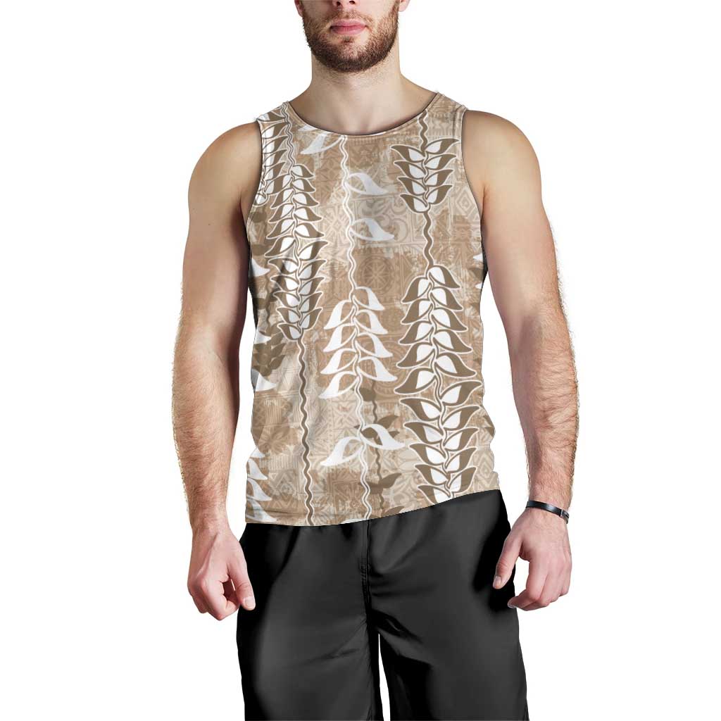 Beige Hawaii Tapa Pattern Men Tank Top With Heliconia Vintage Style