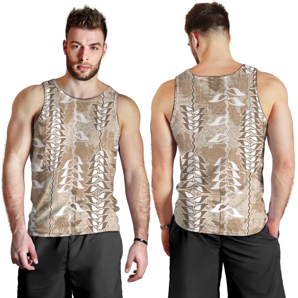 Beige Hawaii Tapa Pattern Men Tank Top With Heliconia Vintage Style