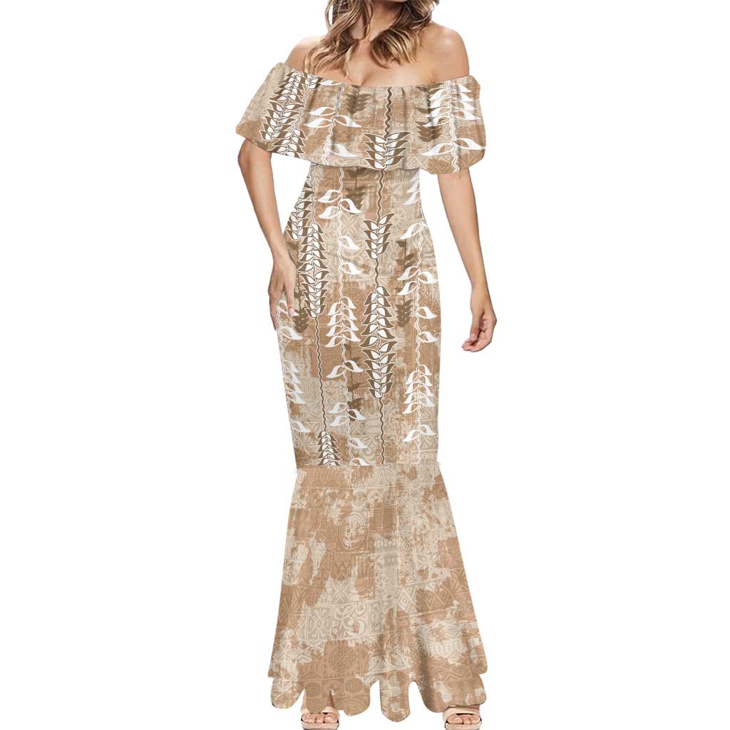 Beige Hawaii Tapa Pattern Mermaid Dress With Heliconia Vintage Style