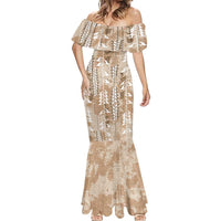 Beige Hawaii Tapa Pattern Mermaid Dress With Heliconia Vintage Style