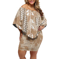 Beige Hawaii Tapa Pattern Off Shoulder Short Dress With Heliconia Vintage Style