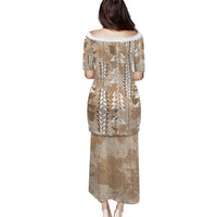 Beige Hawaii Tapa Pattern Puletasi With Heliconia Vintage Style