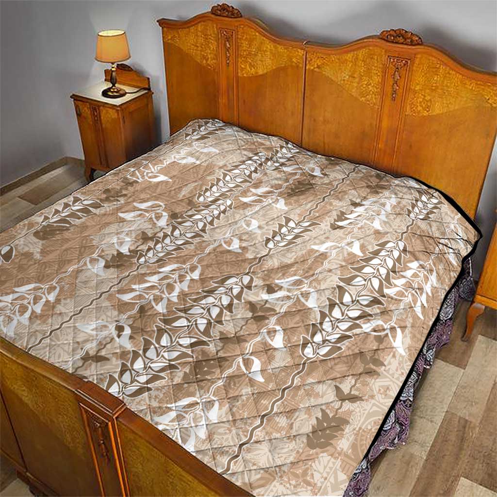 Beige Hawaii Tapa Pattern Quilt With Heliconia Vintage Style