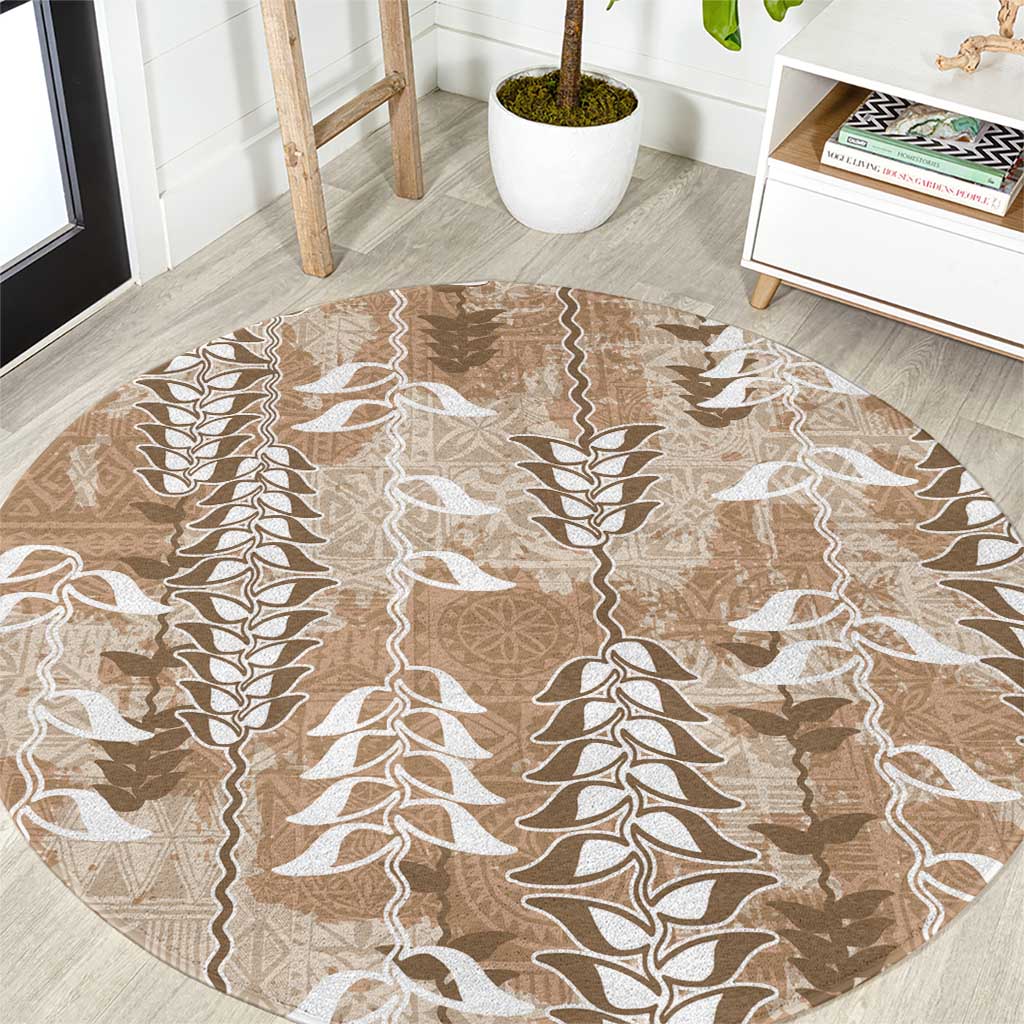 Beige Hawaii Tapa Pattern Round Carpet With Heliconia Vintage Style