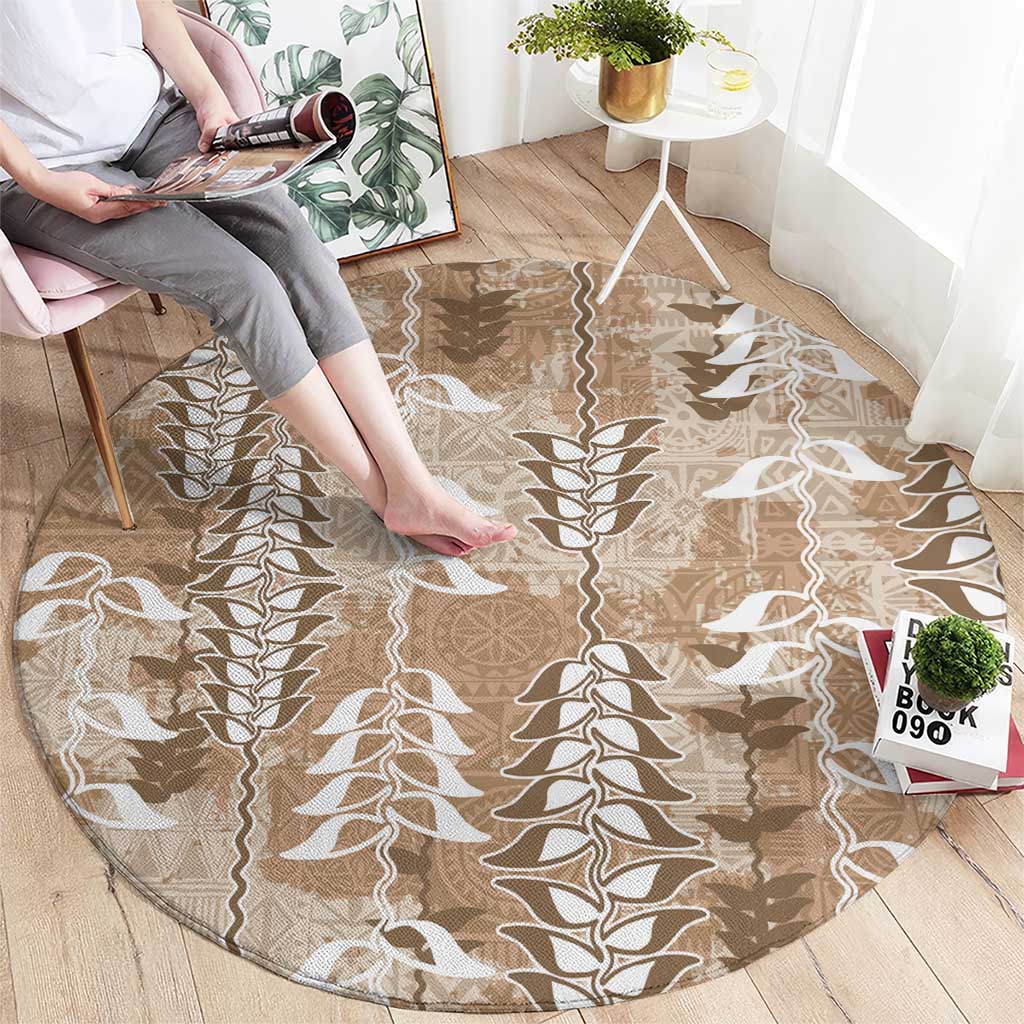 Beige Hawaii Tapa Pattern Round Carpet With Heliconia Vintage Style