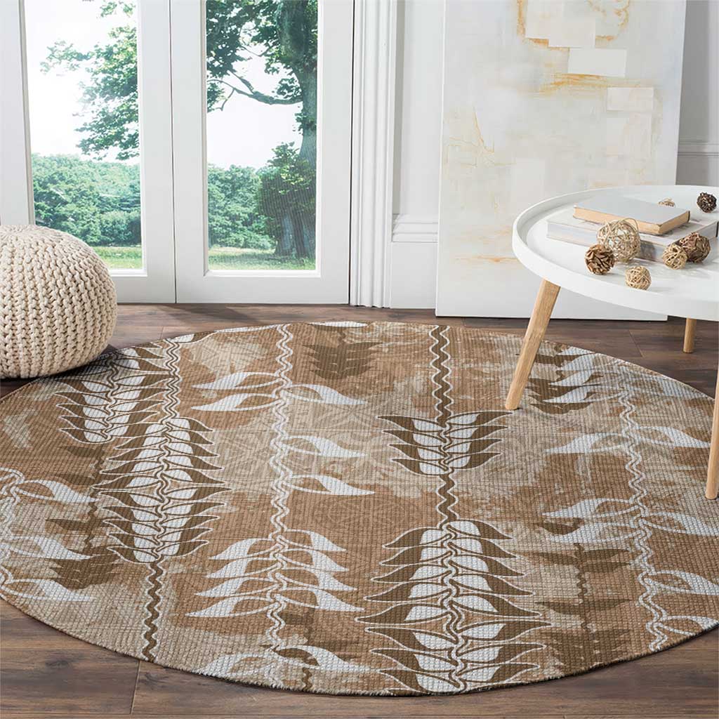 Beige Hawaii Tapa Pattern Round Carpet With Heliconia Vintage Style