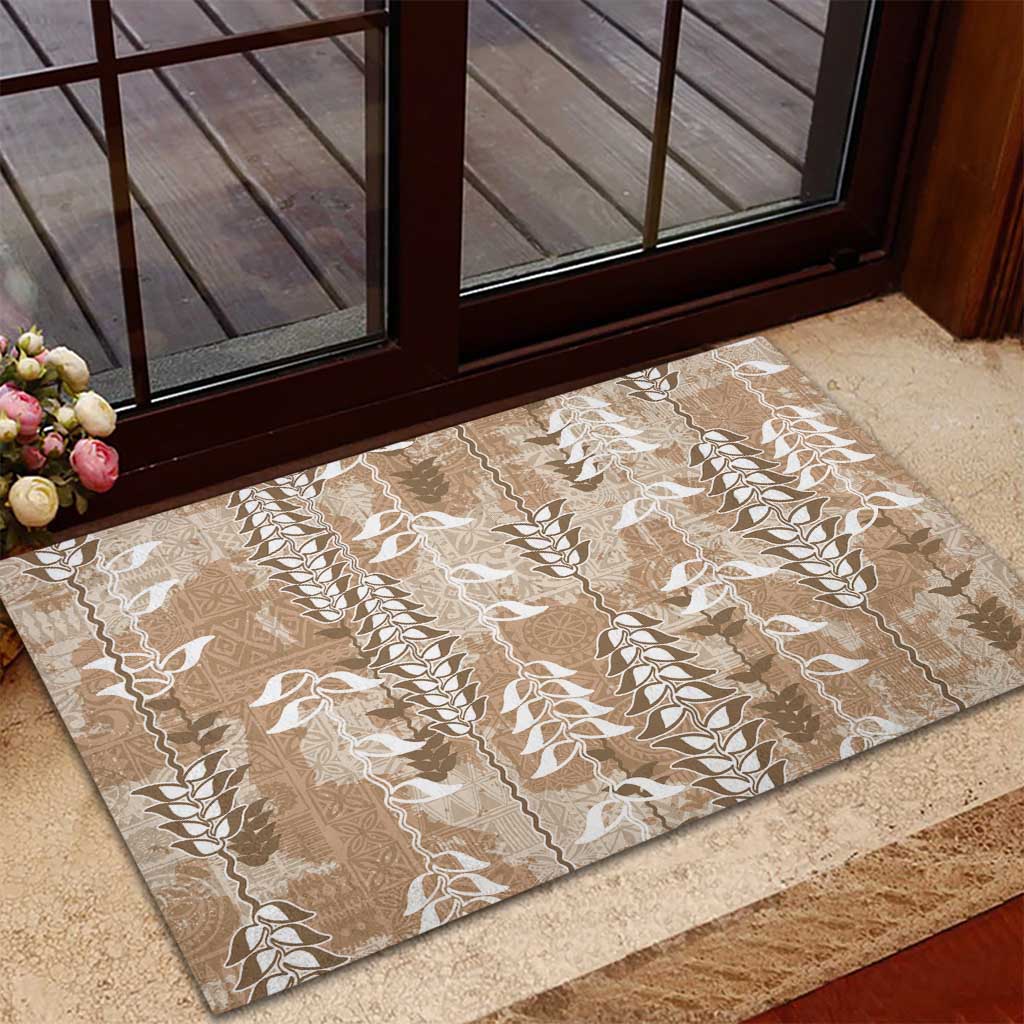 Beige Hawaii Tapa Pattern Rubber Doormat With Heliconia Vintage Style