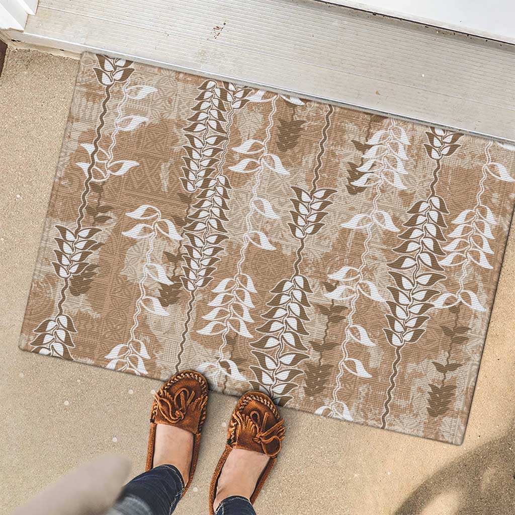 Beige Hawaii Tapa Pattern Rubber Doormat With Heliconia Vintage Style