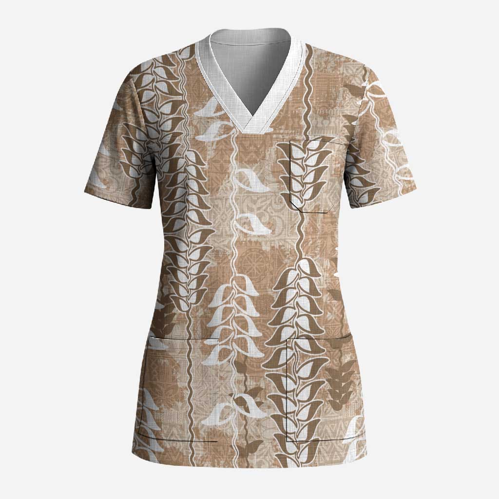 Beige Hawaii Tapa Pattern Scrub Top With Heliconia Vintage Style
