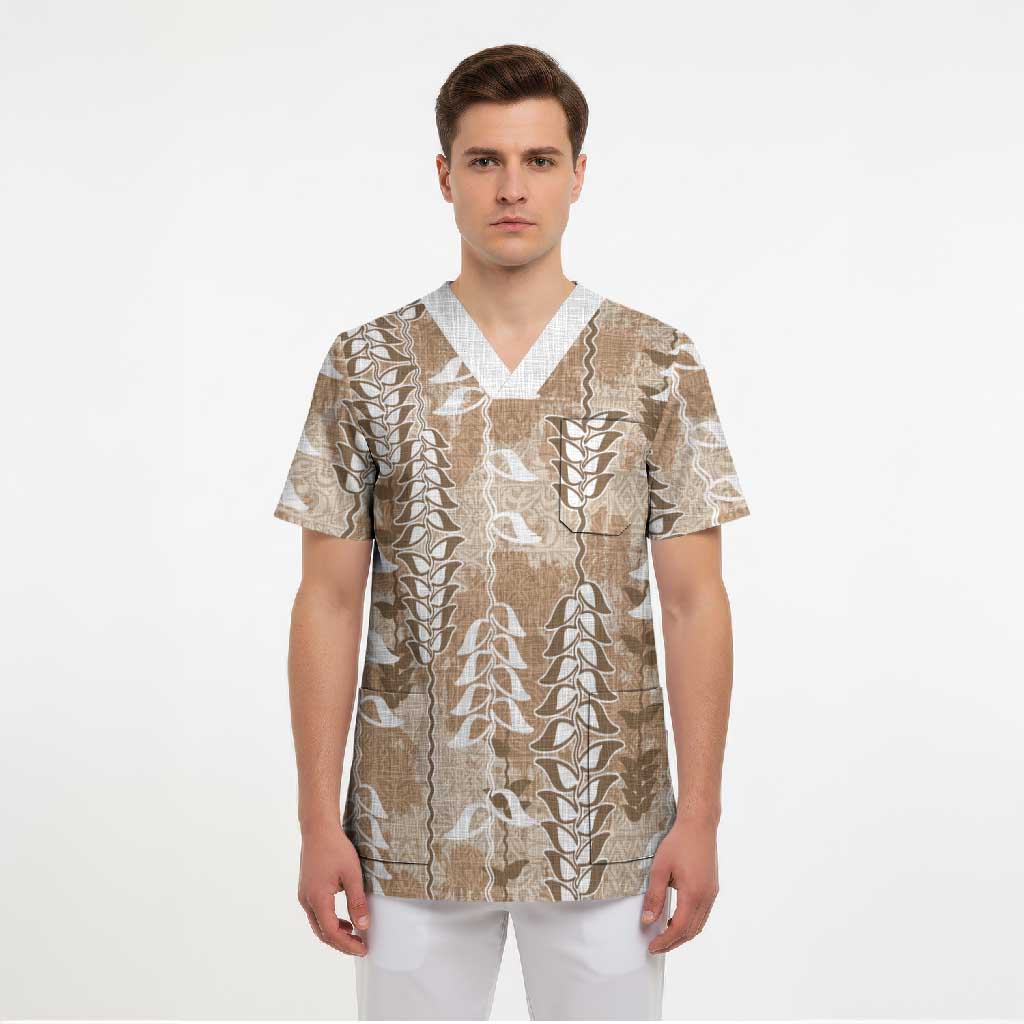 Beige Hawaii Tapa Pattern Scrub Top With Heliconia Vintage Style