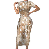 Beige Hawaii Tapa Pattern Short Sleeve Bodycon Dress With Heliconia Vintage Style