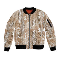 Beige Hawaii Tapa Pattern Sleeve Zip Bomber Jacket With Heliconia Vintage Style