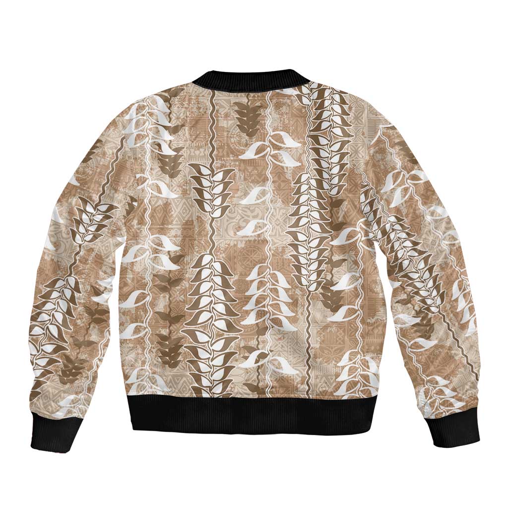 Beige Hawaii Tapa Pattern Sleeve Zip Bomber Jacket With Heliconia Vintage Style