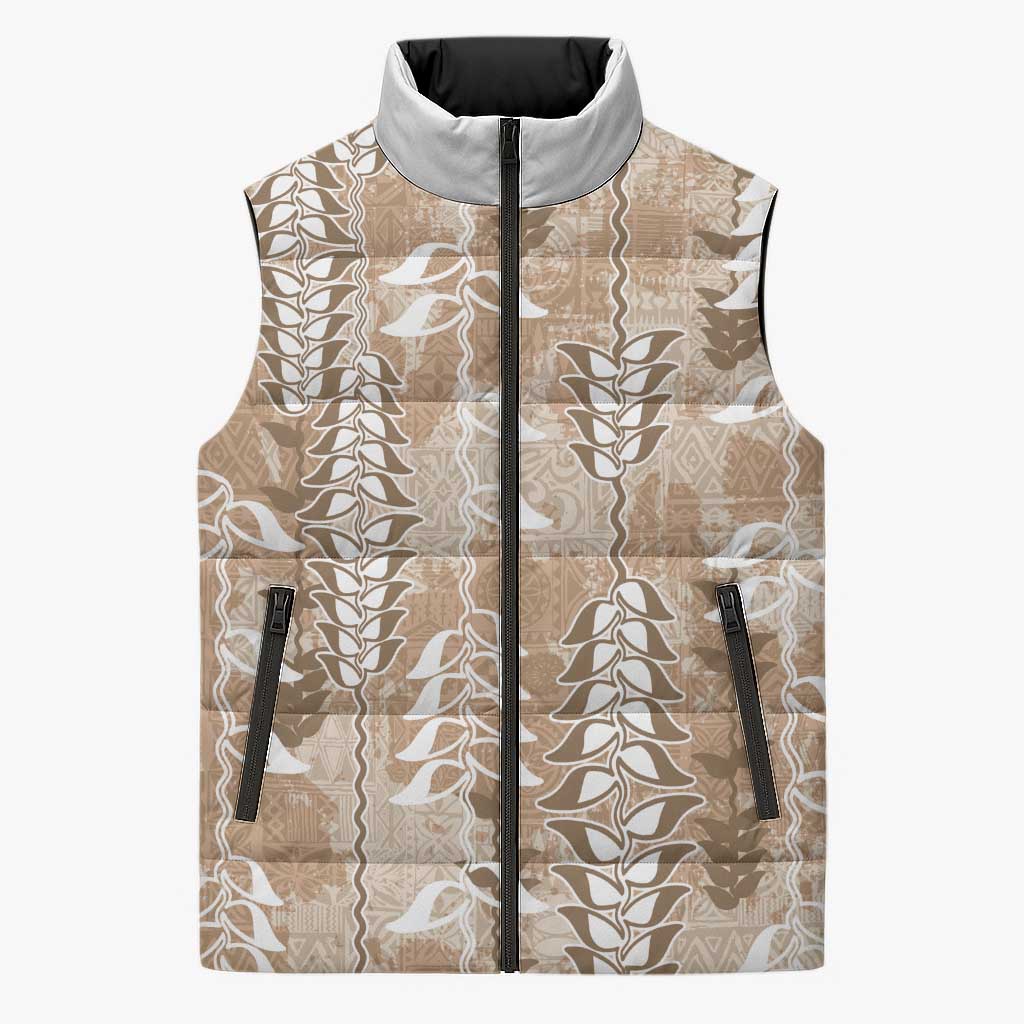 Beige Hawaii Tapa Pattern Sleeveless Puffer Jacket With Heliconia Vintage Style