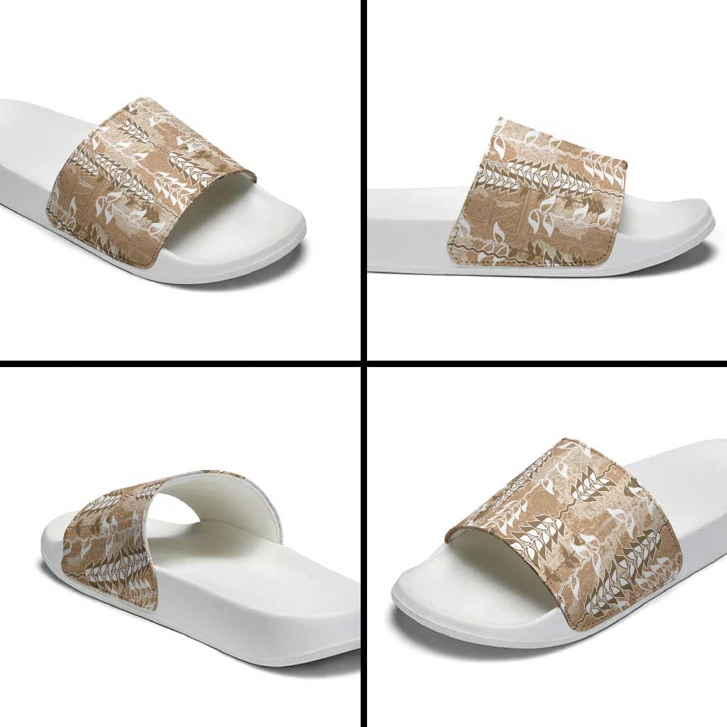Beige Hawaii Tapa Pattern Slide Sandals With Heliconia Vintage Style